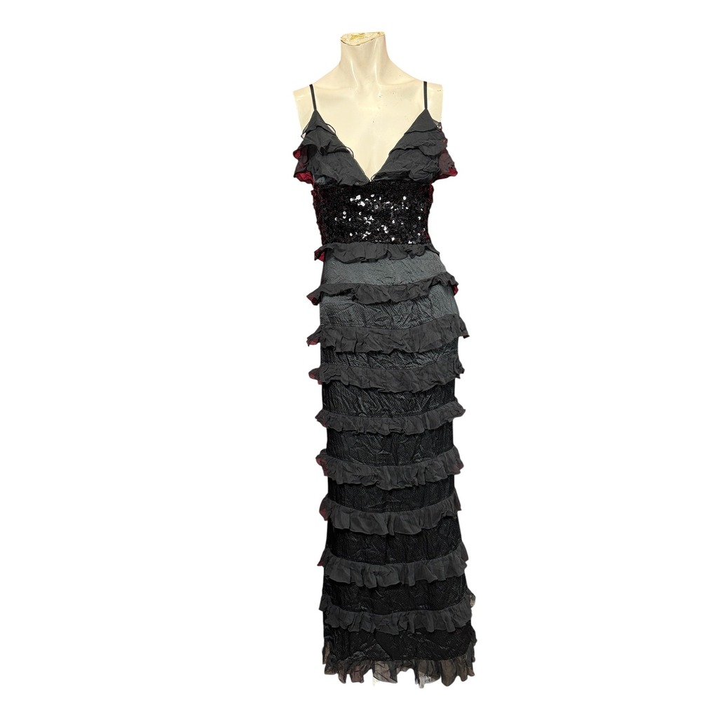 Bebe Y2K Sequin Tiered Ruffle Silk Gown Black XS